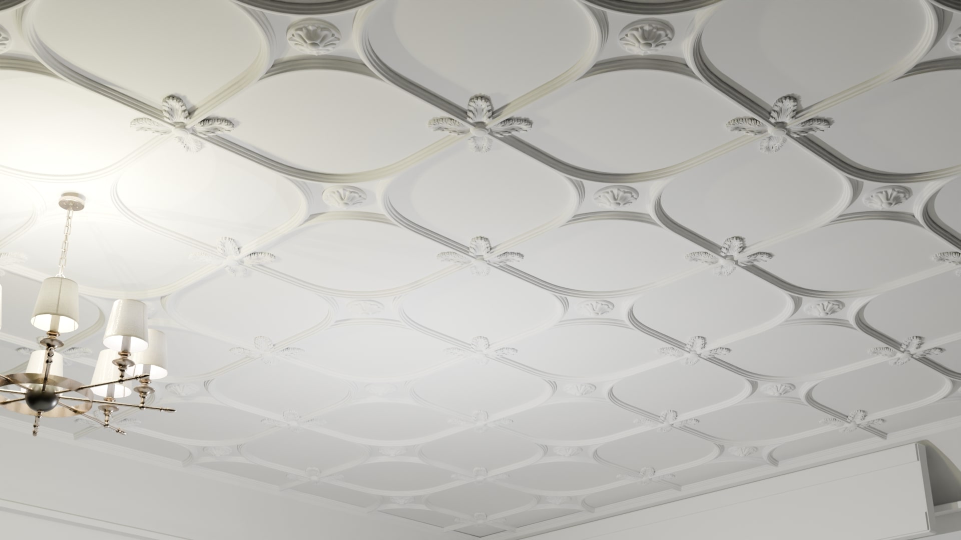 Repetitivt stukloft med specialdesignet mønster, detaljeret arkitektonisk håndværk og elegant finish.