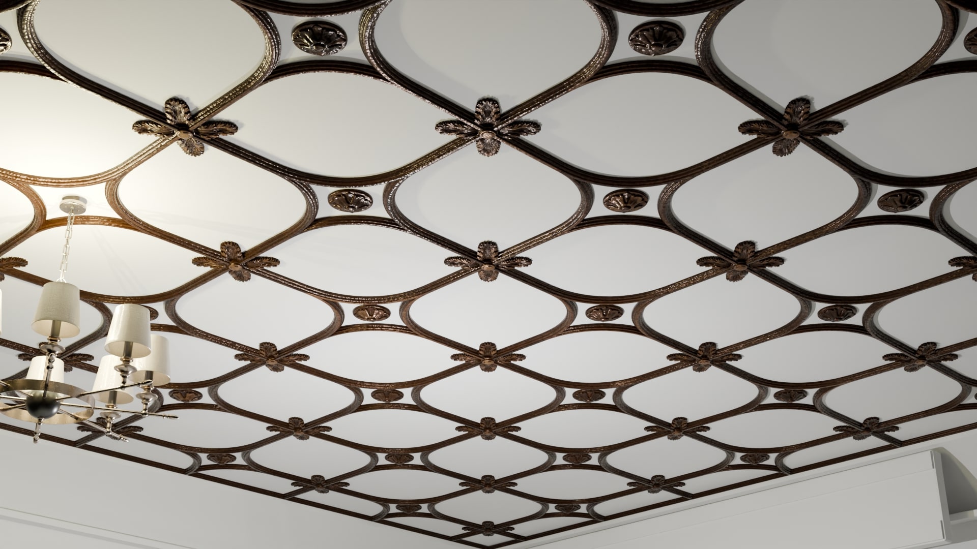 Repetitivt stukloft med specialdesignet mønster, detaljeret arkitektonisk håndværk og elegant finish.