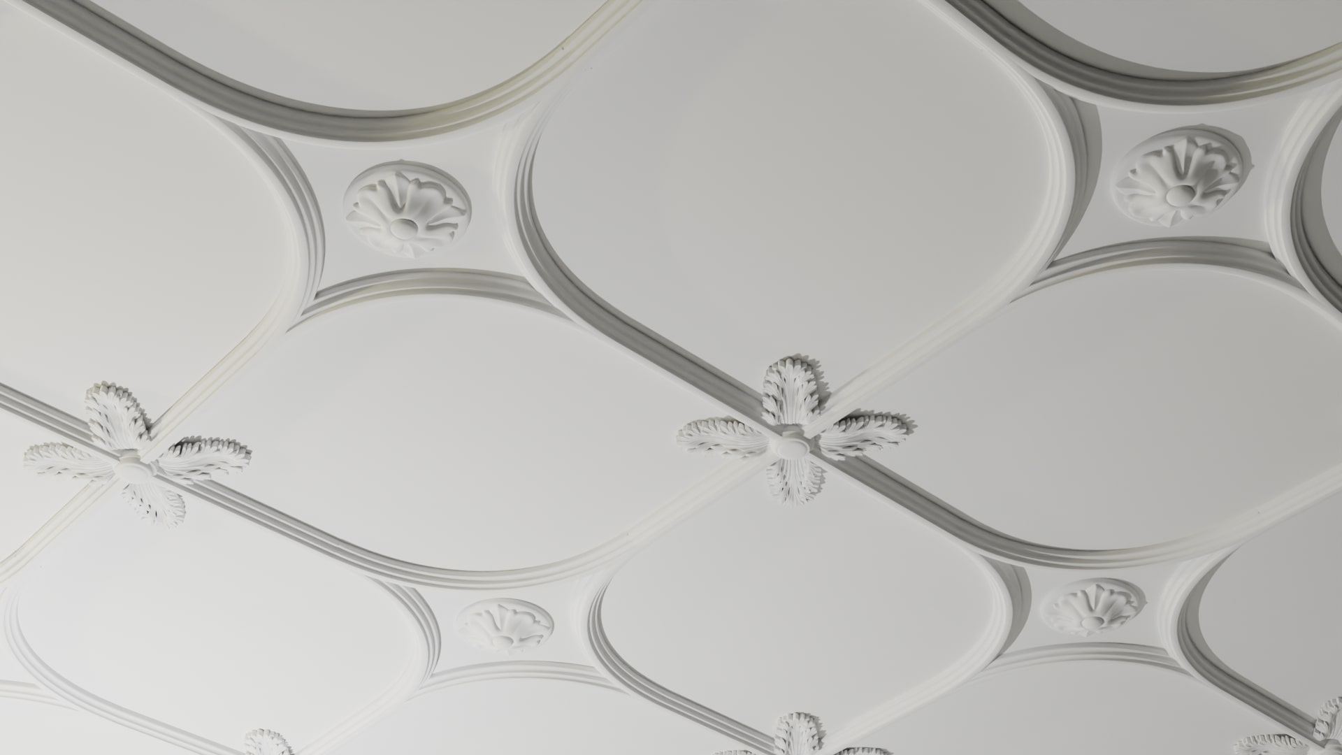 Repetitivt stukloft med specialdesignet mønster, detaljeret arkitektonisk håndværk og elegant finish.