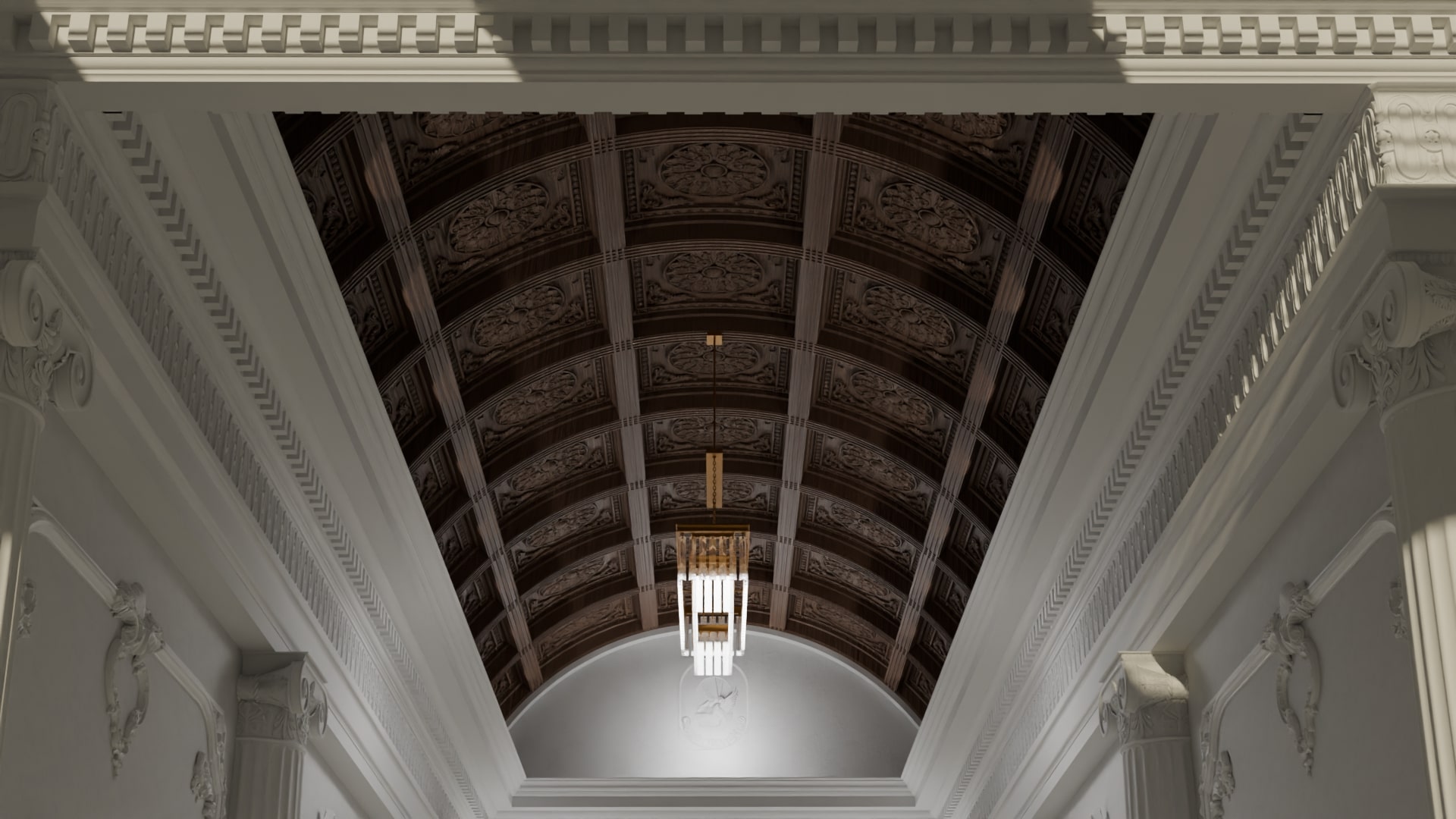 Detaljeret snedker-loft med kassettefelter og buer, designet af dansk arkitekt, elegant håndværk og klassisk arkitektur.