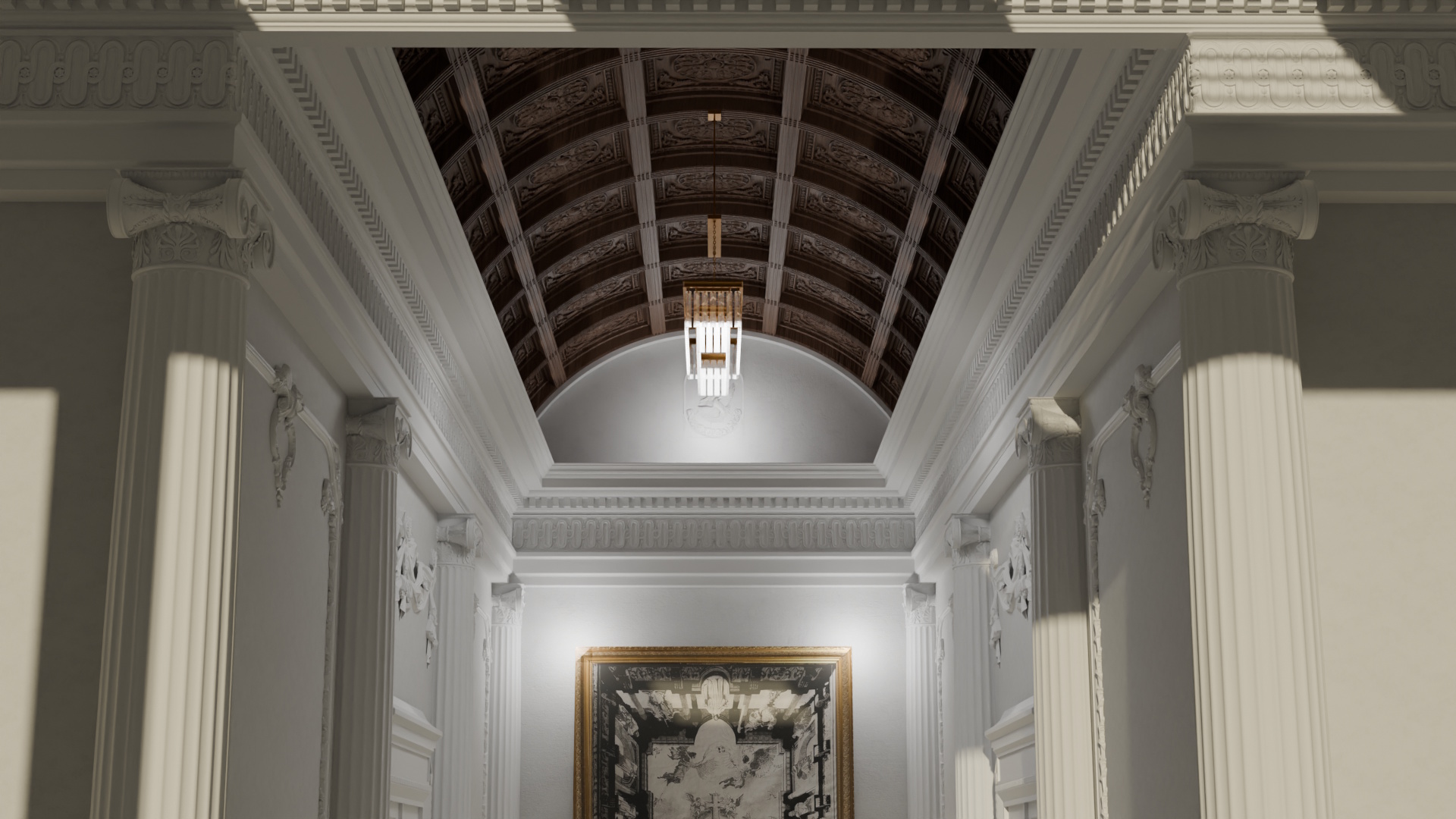 Detaljeret snedker-loft med kassettefelter og buer, designet af dansk arkitekt, elegant håndværk og klassisk arkitektur.