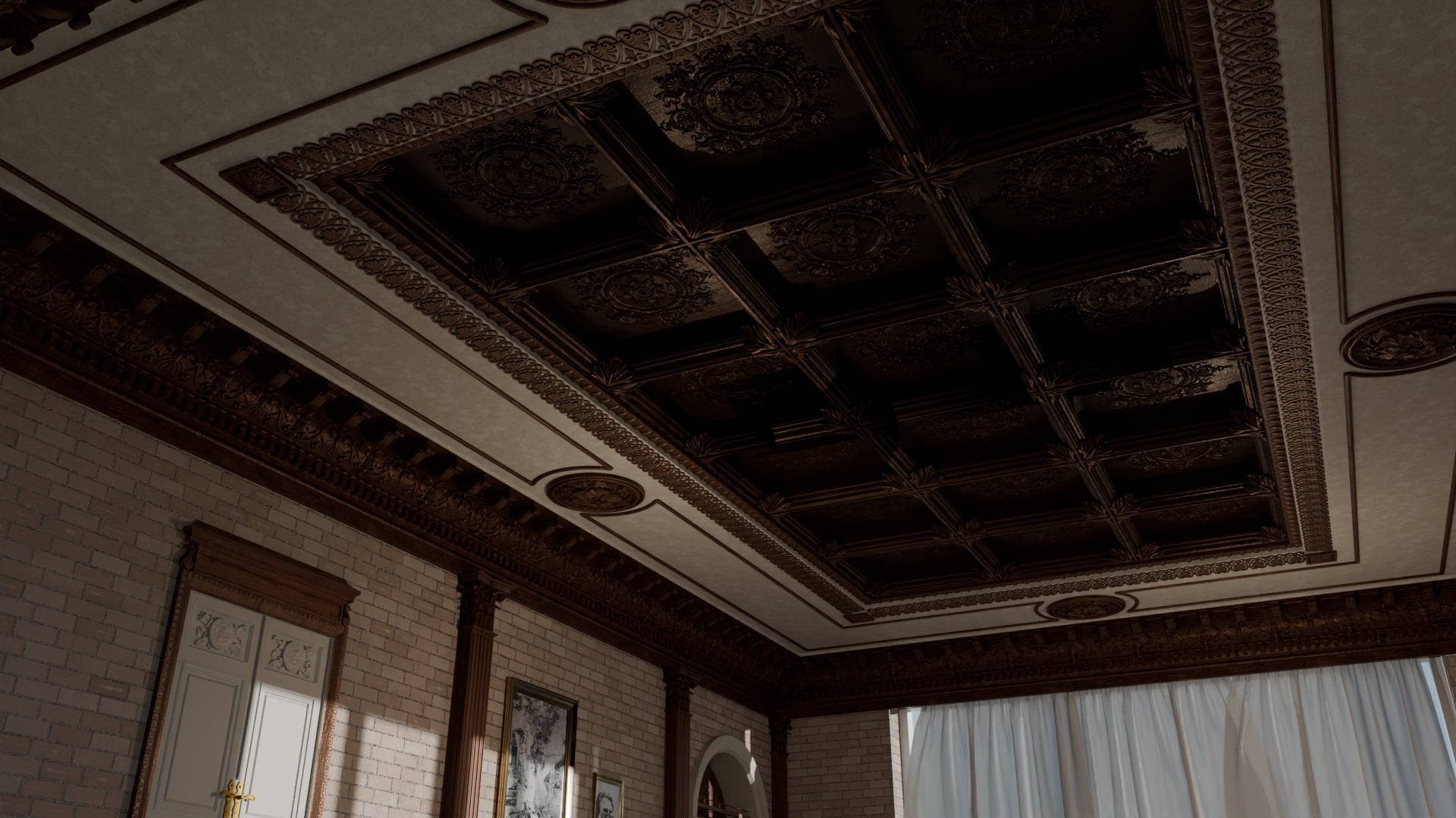 Detaljeret snedker-kassetteloft med ornamentering, klassisk arkitektonisk design og fint håndværk.
