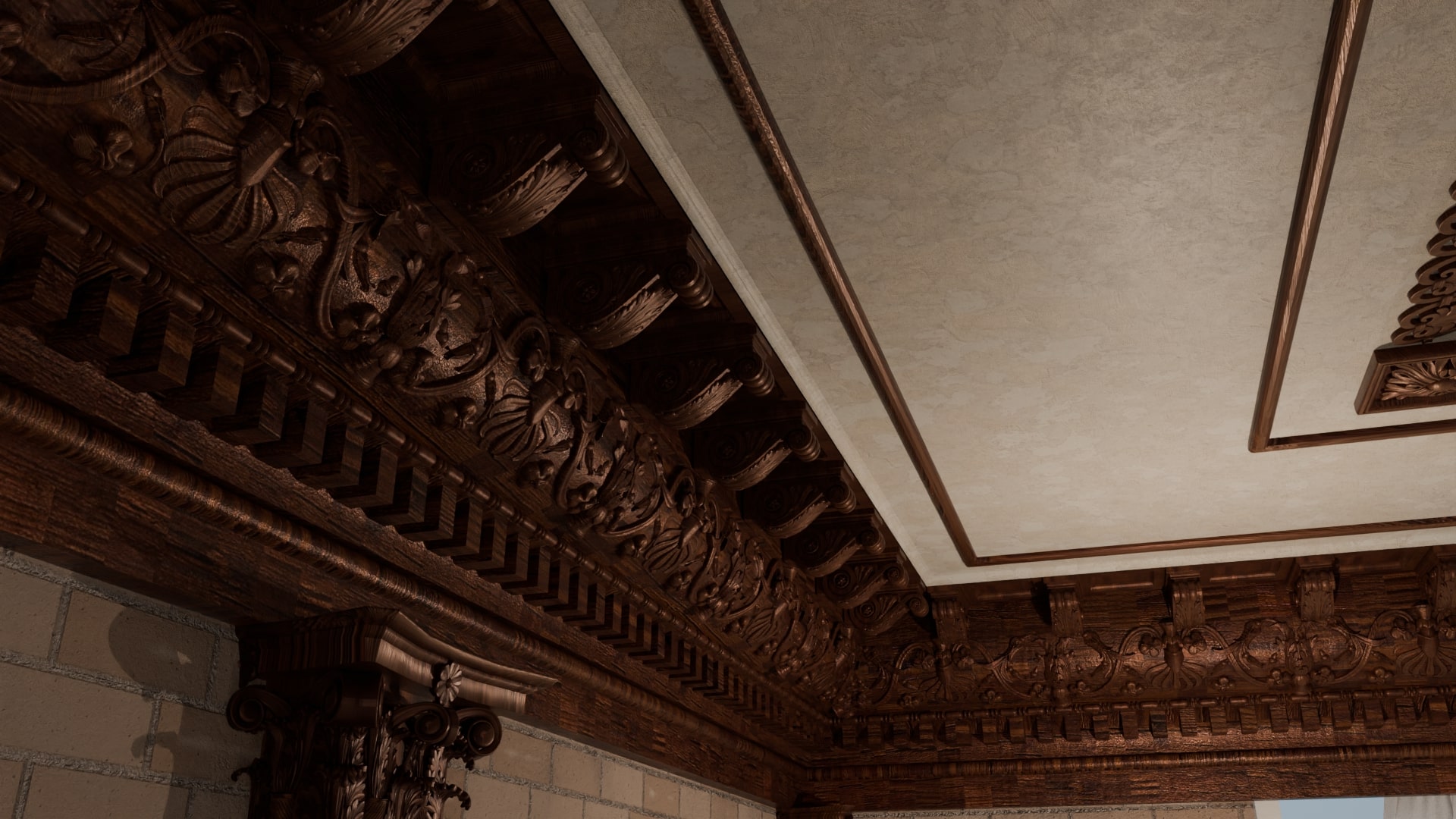 Detaljeret snedker-kassetteloft med ornamentering, klassisk arkitektonisk design og fint håndværk.