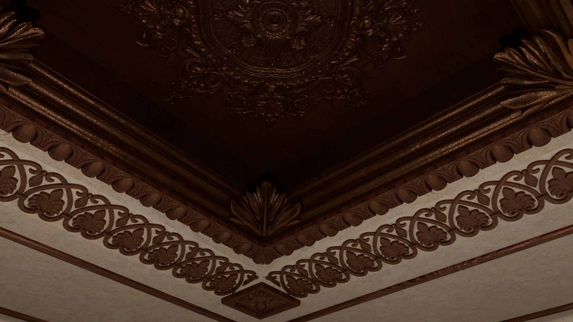 Detaljeret snedker-kassetteloft med ornamentering, klassisk arkitektonisk design og fint håndværk.