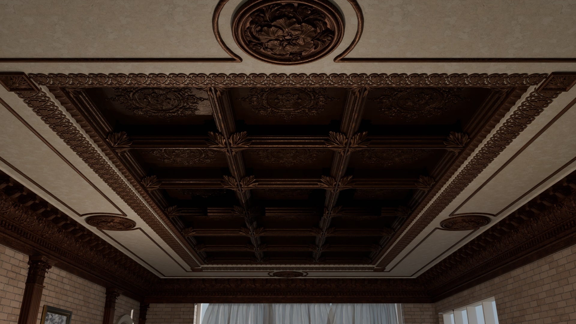 Detaljeret snedker-kassetteloft med ornamentering, klassisk arkitektonisk design og fint håndværk.