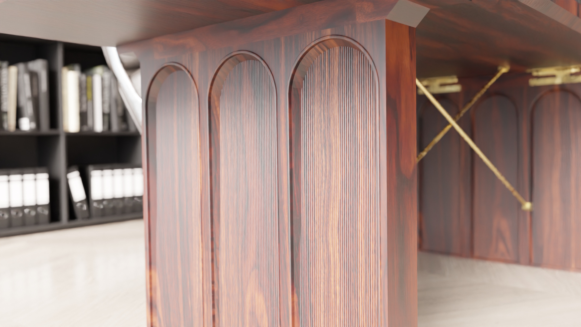 Brutalistisk skrivebord i massiv træ med moderne design og detaljeret snedkerhåndværk.