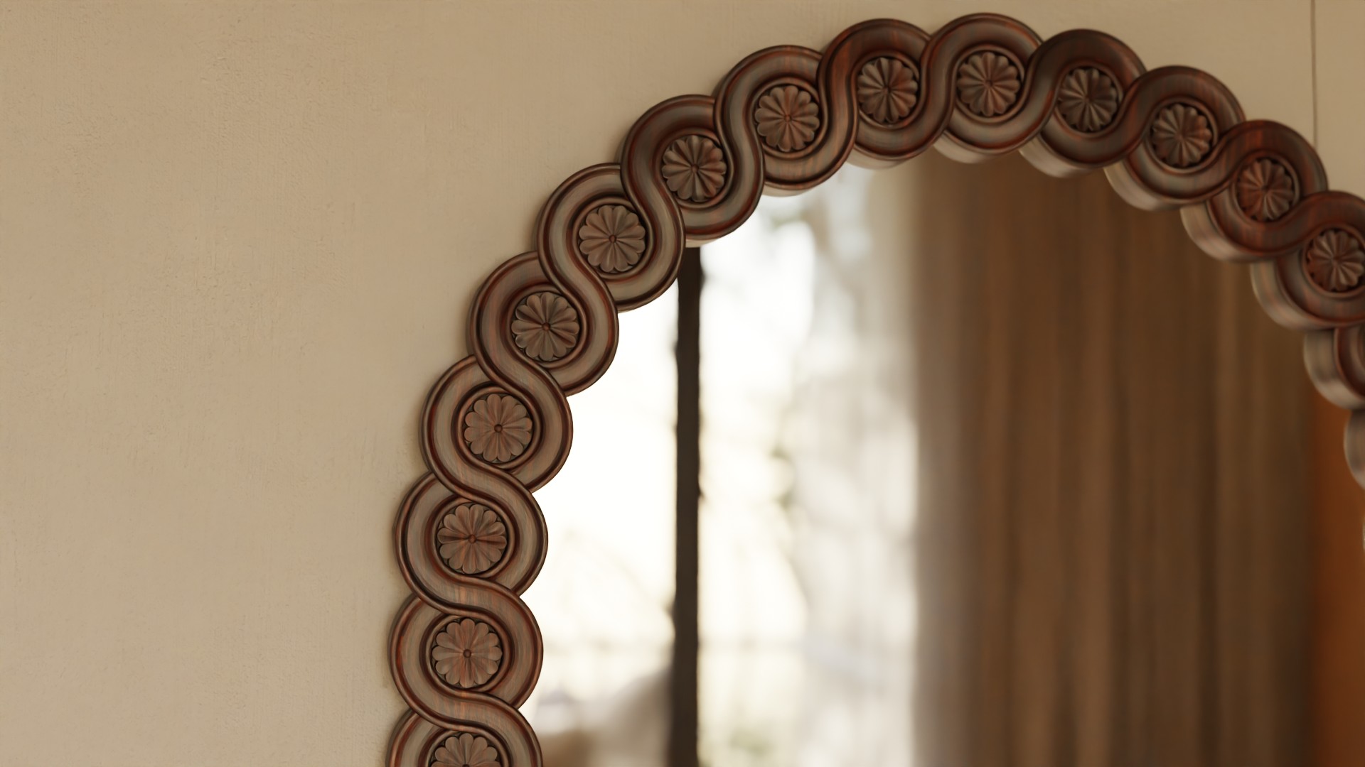 Massivt træspejl i valnød med dekorativ ornamentering og detaljeret håndværk, elegant klassisk design.