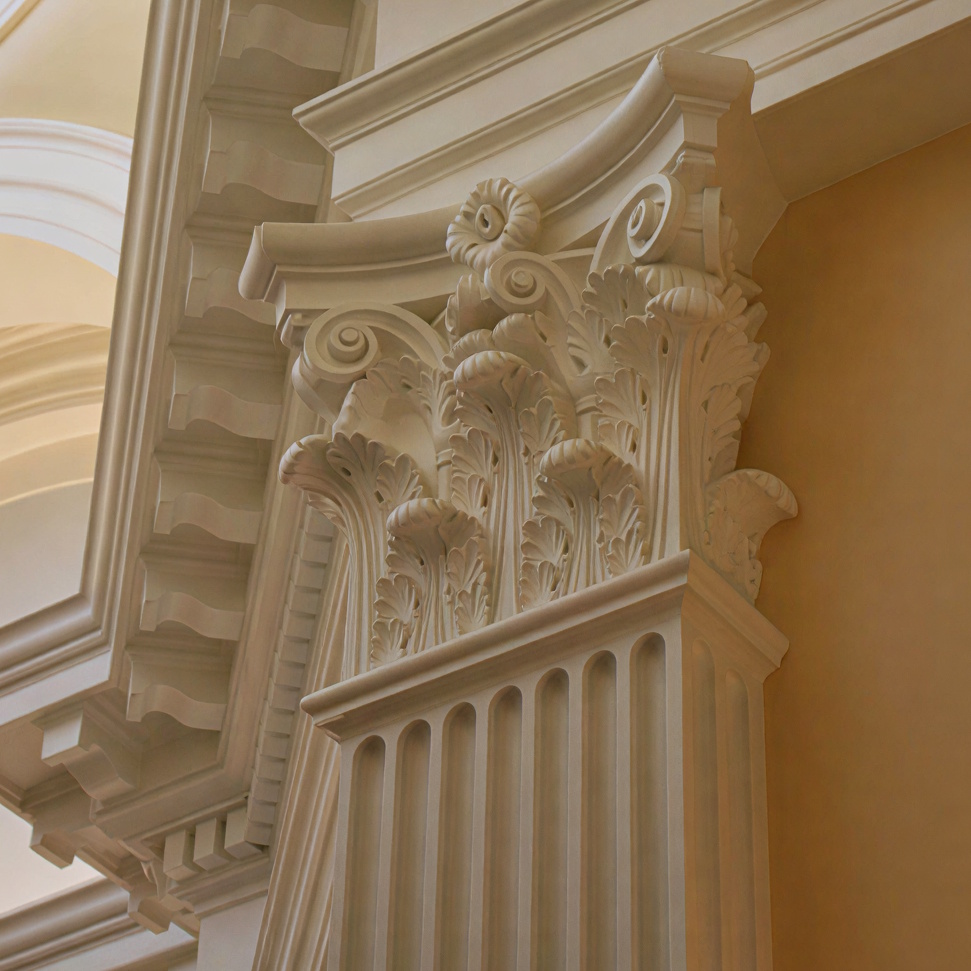 Pilastre med korinthisk søjle, viser klassisk arkitektonisk design og detaljeret ornamentering.