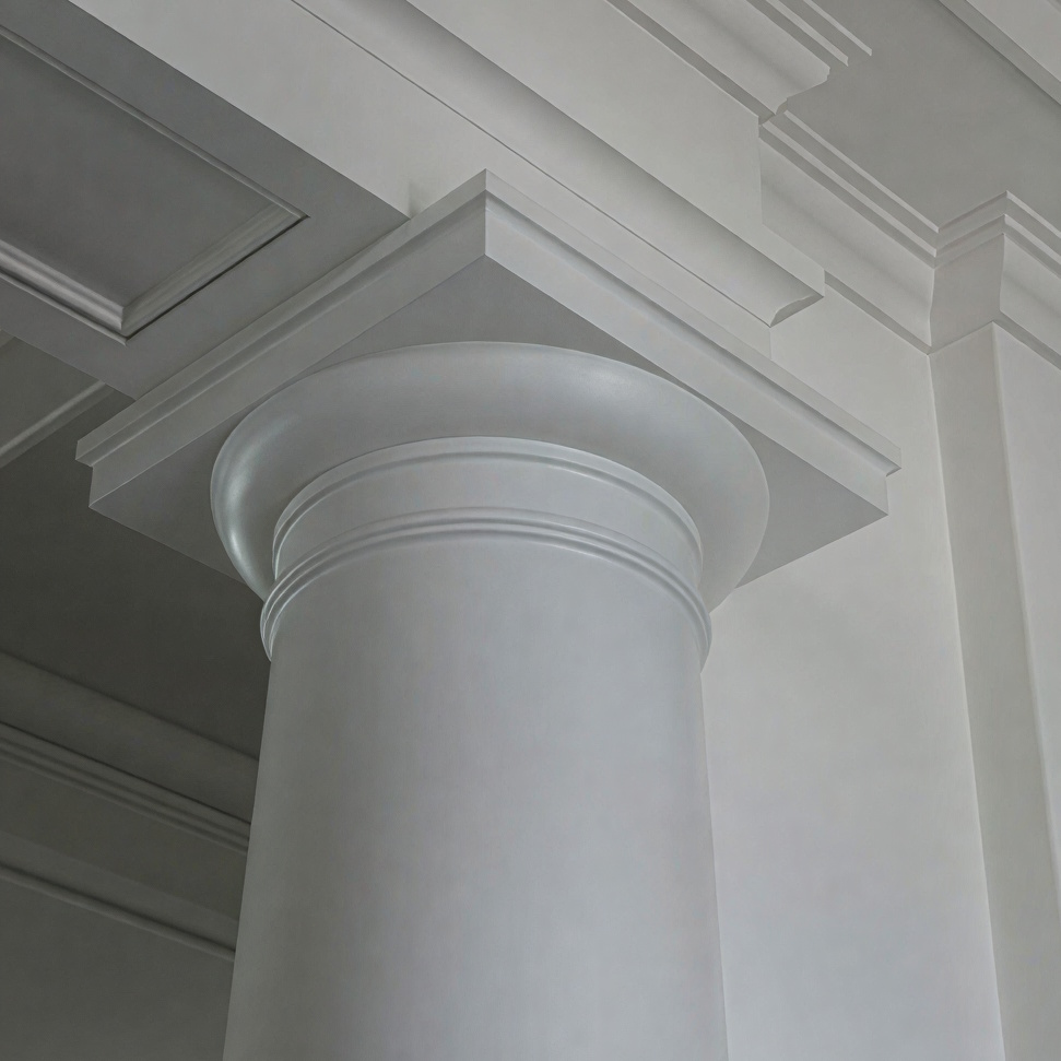 Tuskansk søjle med enkel og stilren klassisk arkitektur, robust design med rene linjer.